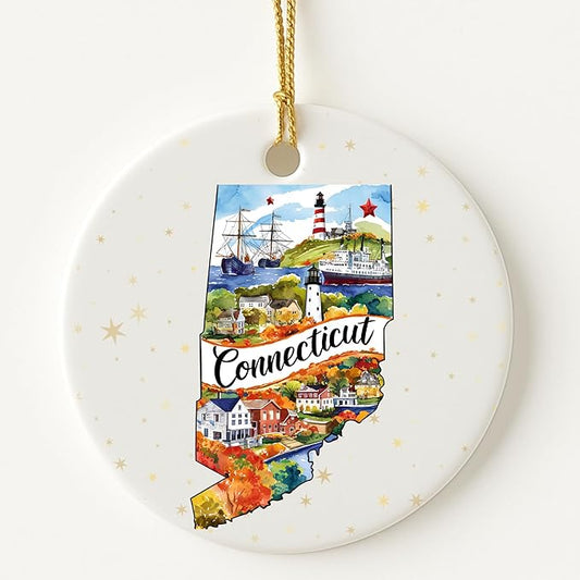 USA State Landmark Ceramic Ornament – Round Glossy Christmas Decoration Featuring U.S. State Art, Landmarks & Holiday Scenery – Collectible Travel Souvenir Ornament Series (Connecticut)
