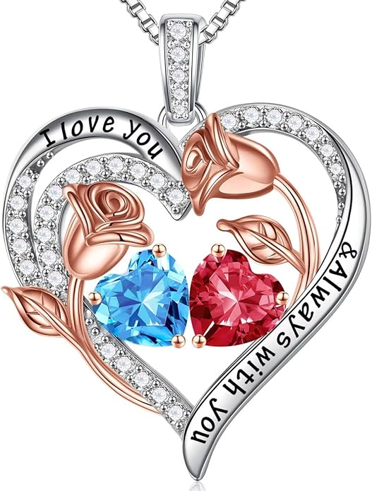 Iefil Valentines Day Gifts for Her - 925 Sterling Silver Rose Heart Birthstone Necklace Birthday Anniversary Jewelry Gifts for Her Wife Mom Daughter