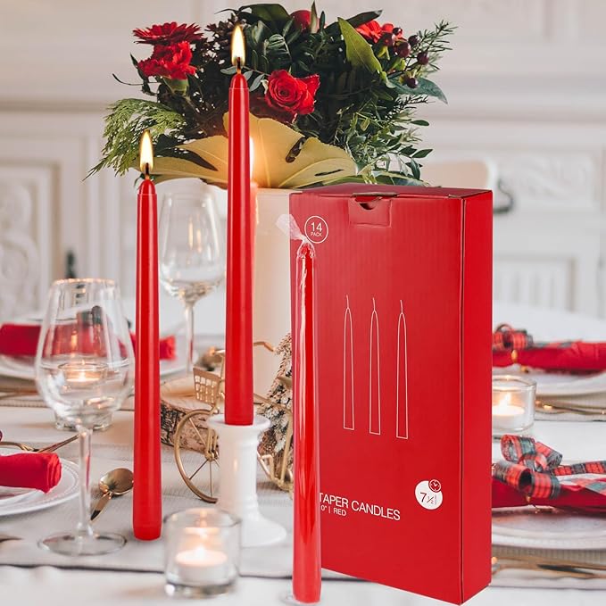 14 Pack Tall Red Taper Candles 10 Inch Unscented Dripless Candlesticks for Christmas,Valentine's Day,Dinner,Party,Brithday,Wedding and Home Decoration - 8 Hour Burn Time.