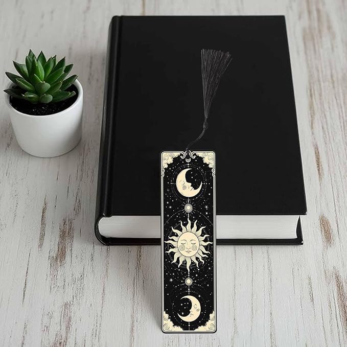 Mystical Sun Face Bookmarks Set 5 with Tassels Crescent Moon Golden Stars Planets Wooden Bookmarks for Reading Women Men Students Teachers School Supplies