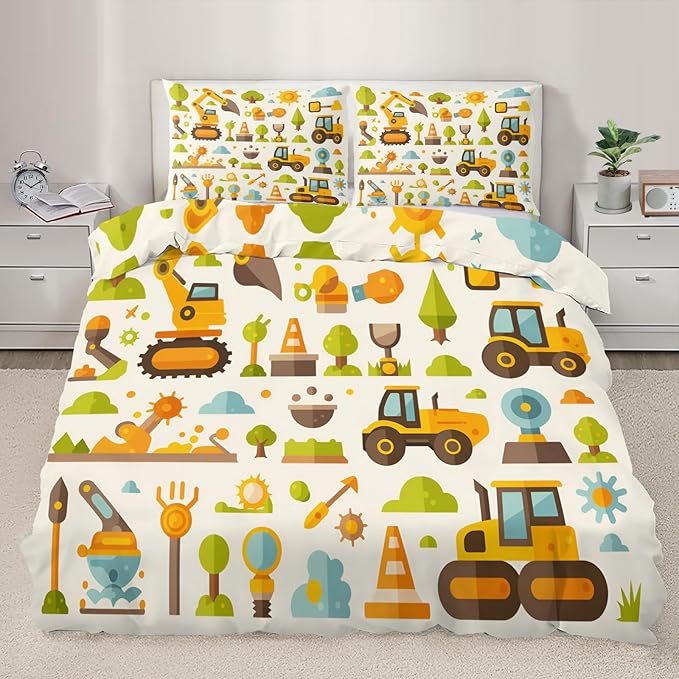 Cartoon Construction Vehicles Bedding Set Full Size Excavator Bulldozer Duvet Cover Colorful Engineering Comforter Cover Kids Construction-Themed Bedding Set Soft Microfiber for Bedroom