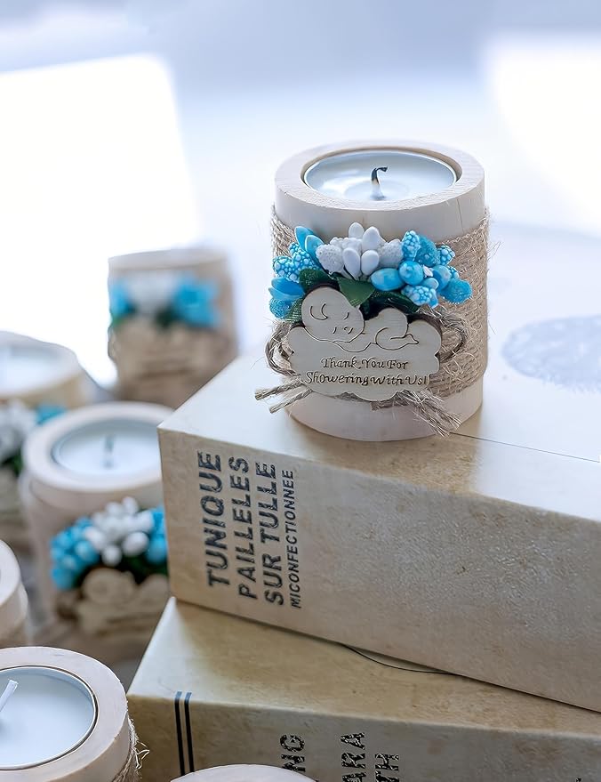 50 Piece Set Wooden Tealight Candle Holders, Baby Shower Party Favors, Party Favors for Guests, Return Gift for Guests,Fiesta Baby Shower Regalos para los invitados,Boy Baby Gender Reveal. (Blue)