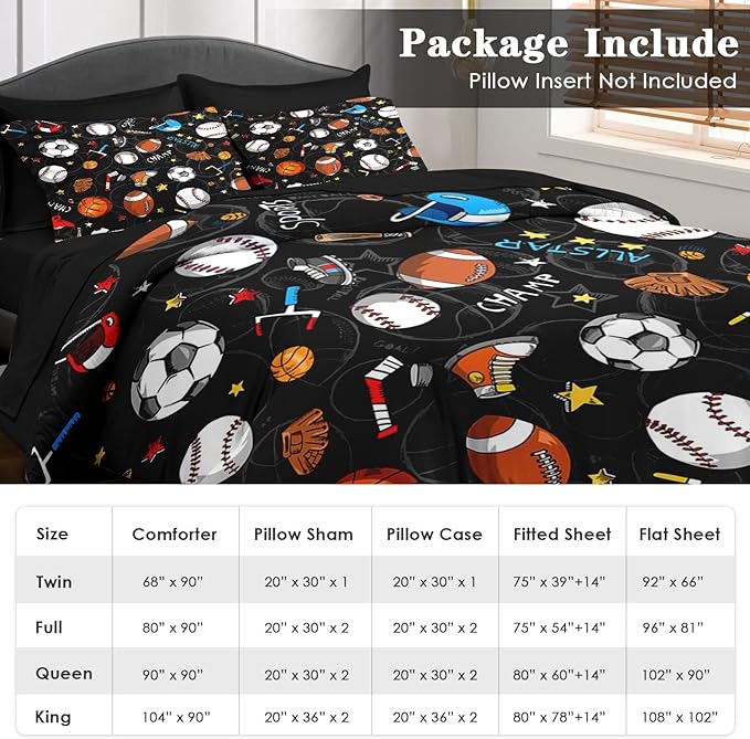Comforter Set King Size, Basketball Football Baseball 7 Pcs Bedding for Kids and Adults, Hockey Sport Bed Sheet Sets with Fitted Sheet 2 Pillowcases & 2 Shams for Bedroom Bed Decor