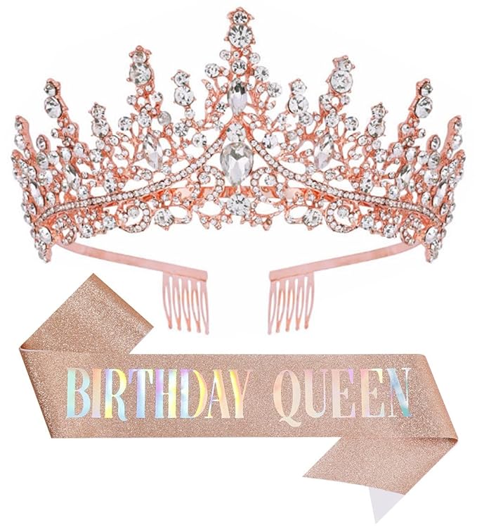 Birthday Tiara Crown with Sash for Women, Headband Hair Accessories for Wedding Party Costume Rose