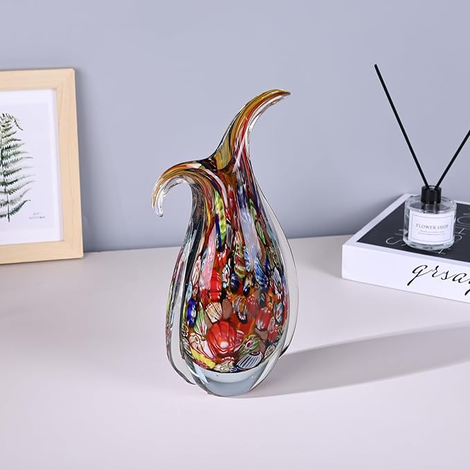 Hand Blown Glass Vase for Centerpiece, Murano Style Table Decoration, Red Blown Art Glass Ellipse Flower Vase, Single Stem Beautiful Decor for Home, Beachy Room Decor for Home Shelf