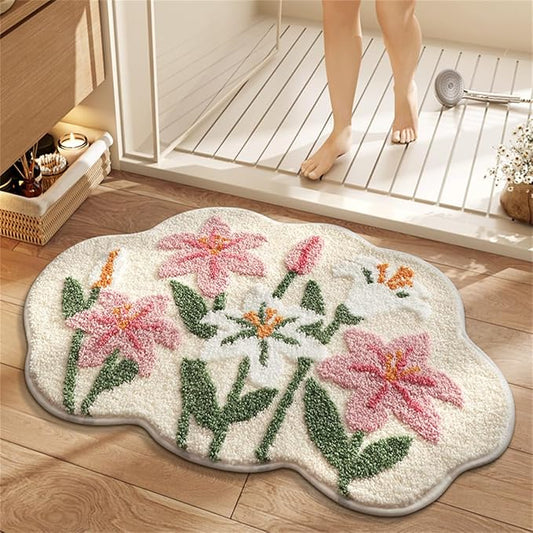 Ankah Shower Rug Bath Mat Forest Series Cartoon Design Bathroom Rug, Fluffy, Soft, Non-Slip, Durable, Absorbent Bath Rug, Irregular Plant Shaped Door Mat and Carpet, 19.7" x 31.5", Lily