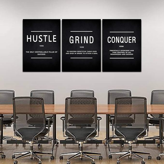 BWSPACE Inspirational Wall Decor, Motivational Canvas Wall Art, grind hustle wall art 3 Pieces Wall Art Decorations for Office Living Room and Bedroom Decor (36" W x 16" H, HGC)