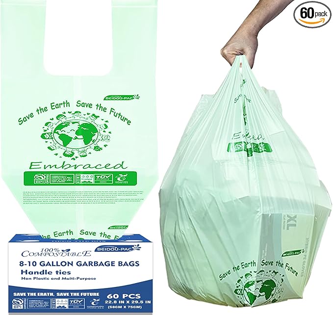 BEIDOU-PAC 8-10 Gallon Compostable Trash Bags, 60 Count - Kitchen & Food Scrap Waste Bags, Sturdy & Biodegradable, ASTM D6400, US BPI Certified