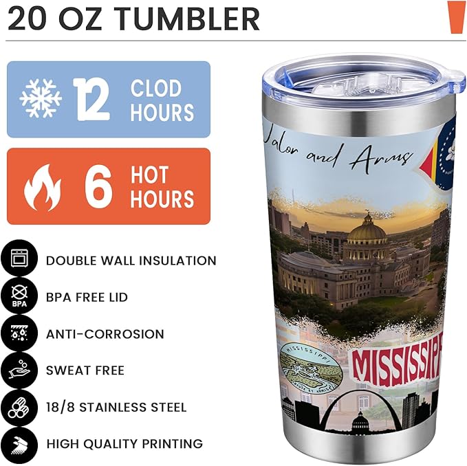 20oz Insulated Tumbler Mississippi State Coffee Mug, United States Map Travel Mug Landmark, Birthday Gifts Cute Custom Tumbler Cups with Lid and Straw Mothers Day Gifts