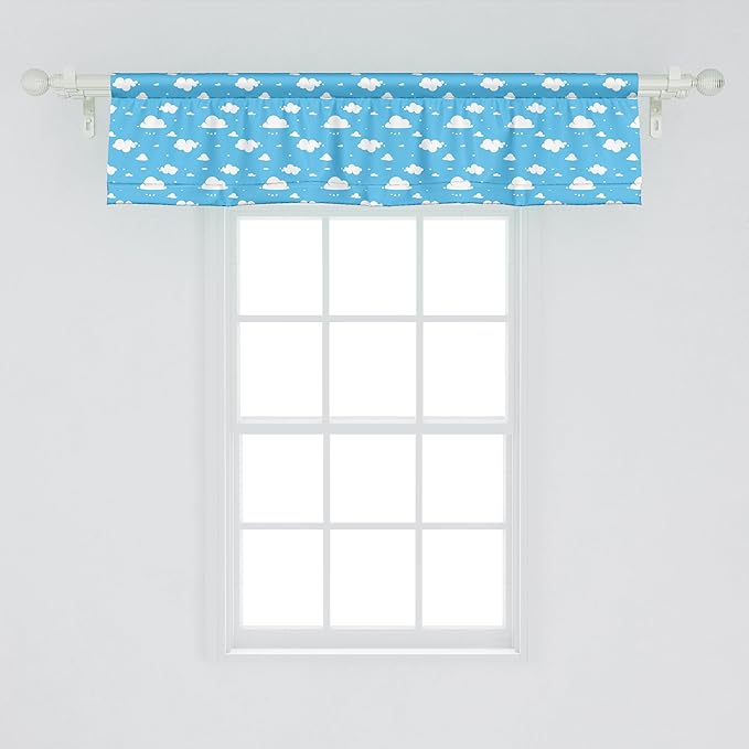 Ambesonne Sky Blue Window Valance Pack of 2, Fluffy Clouds Day Time Illustration Cheerful Heavenly Cartoon, Rod Pocket Curtain Valances for Kitchen Bedroom, 42" X 12", Deep Sky Blue and White