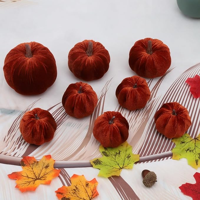 Woration 8pcs Artificial Pumpkins Halloween Decorations Velvet Fake Fabric Pumpkin Assorted Sizes Brown Fall Harvest Table Decor Farmhouse Decorations for Home