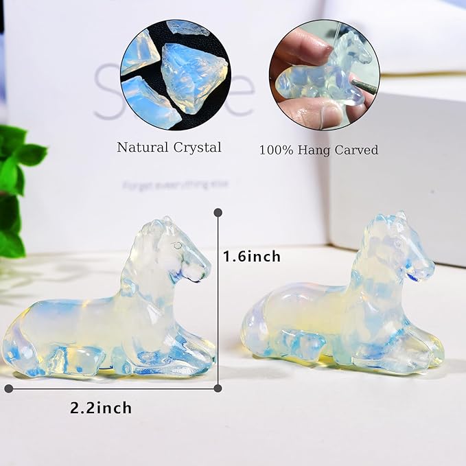 2.2 Inch Opal Horse Crystal Figurines, Hand-Carved Healing Crystals Decor, White Horse Statues Stone Energy Gemstones, in Bedroom Office Meditation Memorial Gifts for Men and Women