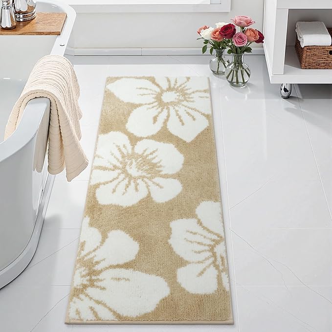 Uphome Bathroom Runner Rug, 18x47 Modern Floral Long Bath Mat Non Slip, Soft Machine Washable Absorbent Quick Dry Bathroom Mat for Tub, Shower, Floor (Beige)