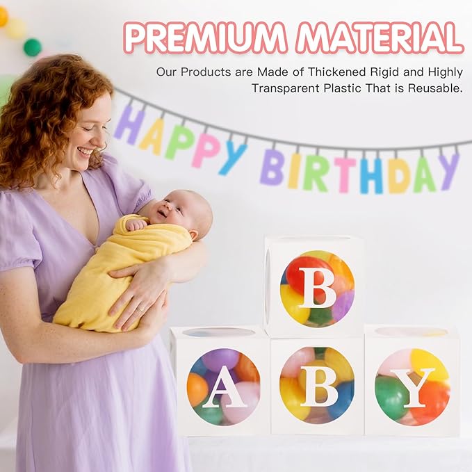 Baby Boxes with Letters for Baby Shower,Transparent Balloon Boxe 4 PCS Clear Baby Shower Decorations Block Boxes for Gender Reveal,Birthday Party Decorations
