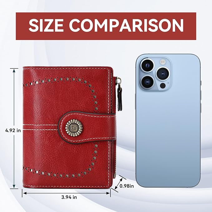 Women's Small Genuine Leather Bifold Wallet Large Capacity RFID Blocking with 16 Card Slots 2 ID Windows and Zipper Coin Pocket Pink (Red)