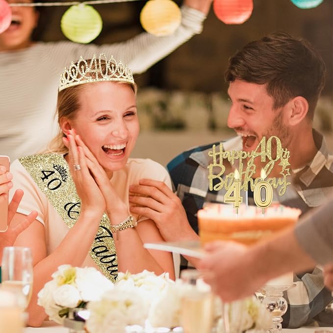 40th Birthday Decorations Women Gold with Sash and Tiara, Cake Topper and Candles, Number Balloons, 40th Birthday Gifts for Women