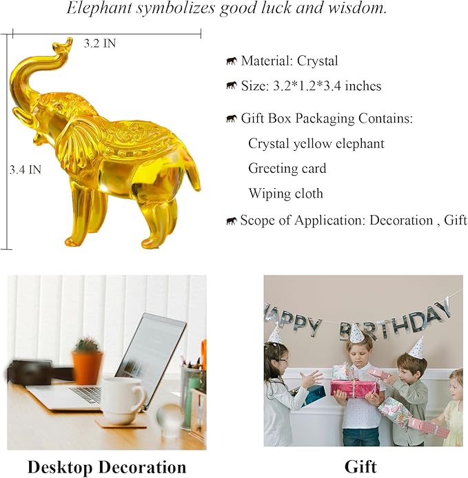 Crystal Elephant Figurines Gifts for Women Men, Crystal Animals Collectible StatueTabletop Decoration Elephant Sculpture with Trunk Up Ornaments (Yellow)