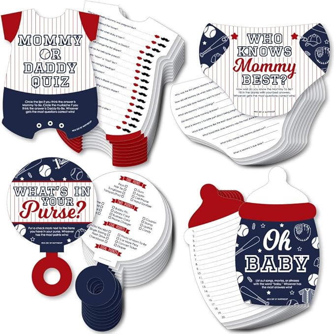 Big Dot of Happiness Batter Up - Baseball - 4 Baby Shower Games - 10 Cards Each - Who Knows Mommy Best, Mommy or Daddy Quiz, What’s in Your Purse and Oh Baby - Gamerific Bundle