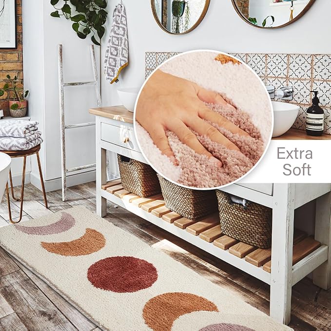 Boho Bathroom Runner Rugs - Gradient Moon Phases Bath Mat,Non Slip Half Moon Witch Rugs,Bohemian Witchy Hippie Bathroom Decor, Long Runner Rug for Bedroom Hallway,Beige Neutral Creamy 50"x20"