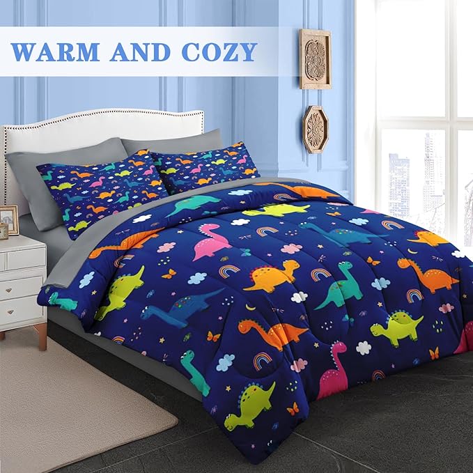 Comforter Set Queen Size, Cute Dragon Grey 7 Pcs Bedding for Kids and Adults, Colorful Wildlife Funny Bed Sheet Sets with Fitted Sheet 2 Pillowcase & 2 Sham for Bedroom Bed Decor