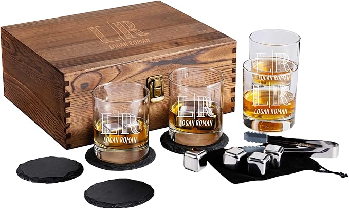 Froolu Personalized Scotch Whiskey Glasses Set - Premium Customizable Monogram Designs