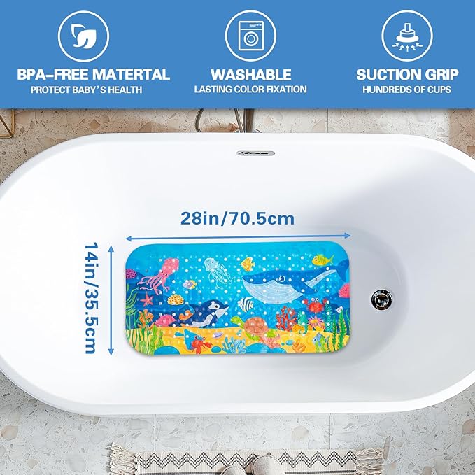 Kids Bath Mat with Ocean Theme Design, 27.6 X 13.8 inches, Non-Slip with 140 Suction Cups, Cartoon Sea Animals Pattern (Small Whale + Dolphin, 27.6 X 13.8in)