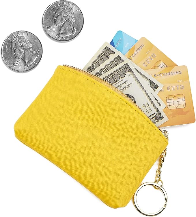 WOZEAH Artificial Leather Coin Purse Change Purse With Key Chain Ring Zipper For Men Women (Yellow)