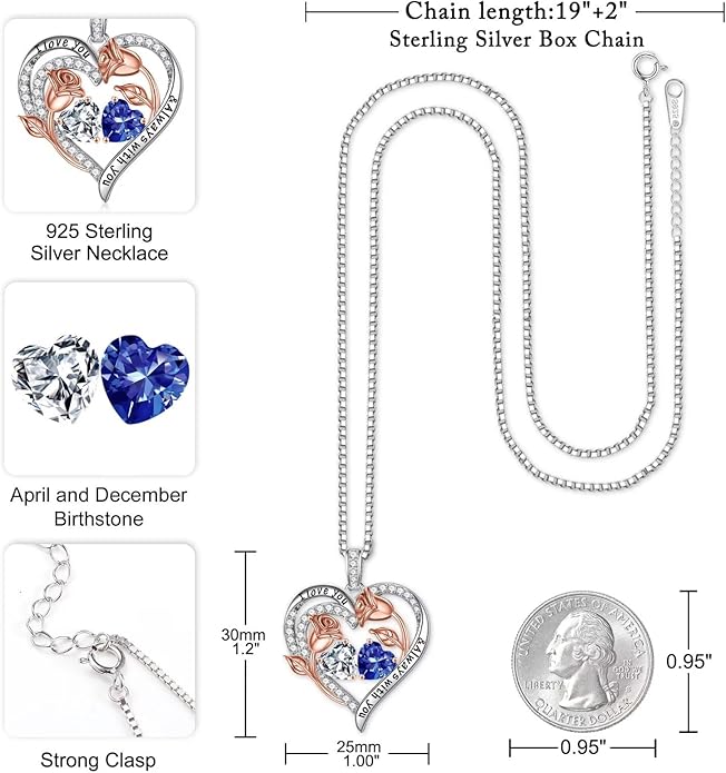 Iefil Valentines Day Gifts for Her - 925 Sterling Silver Rose Heart Birthstone Necklace Birthday Anniversary Jewelry Gifts for Her Wife Mom Daughter