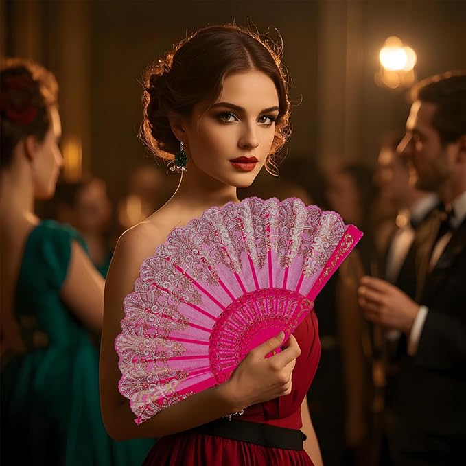 QIRMIZI 30 Pack Folding Handheld Fans,Silk Spanish Fan, Perfect for Weddings, Parties, and Dancing,Deeppink