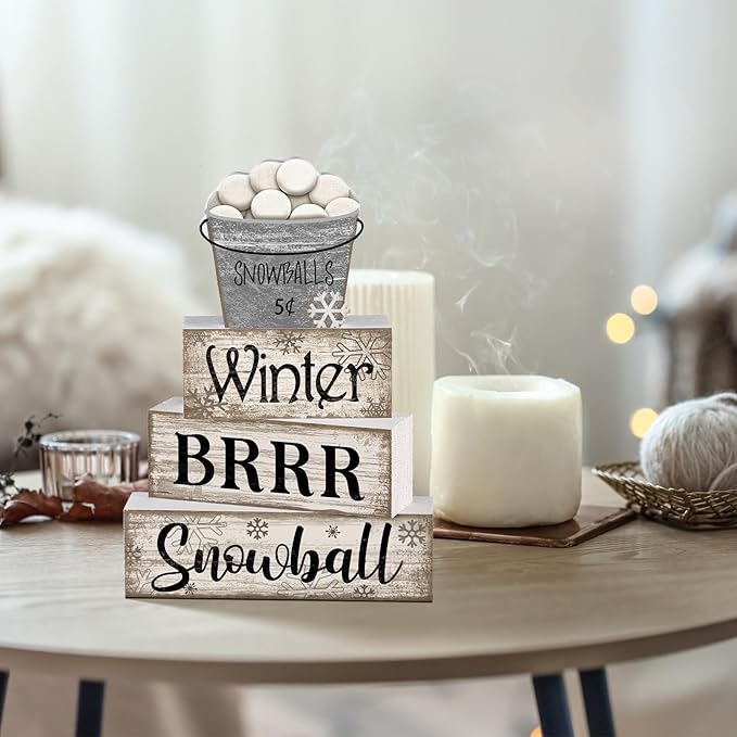 4 Pcs Winter Table Decorations Winter Tiered Tray Decor Christmas Table Centerpiece Rustic Decorative Snowball Snow Bucket Block Sign Farmhouse Christmas Decorations for Home Kitchen Shelf