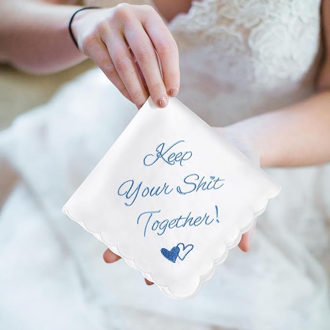 Wedding Handkerchief Something Blue for Bride, Mother Father of the Brides Groom Gifts, Embroidered Happy Tears Cotton Hanky