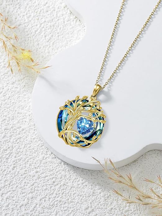 TOUPOP Tree of Life Birthstone Necklace 925 Sterling Silver Pendant Austrian Crystal Jewelry Anniversary Valentine's Day Birthday Gifts for Women Mom Her Wife