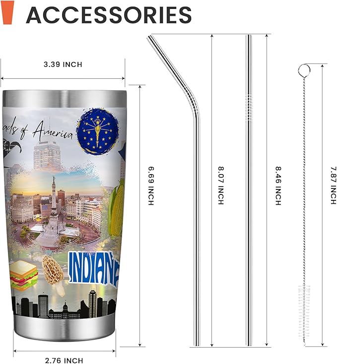 20oz Insulated Tumbler Indiana State Coffee Mug, United States Map Travel Mug Landmark, Birthday Gifts Cute Custom Tumbler Cups with Lid and Straw Mothers Day Gifts