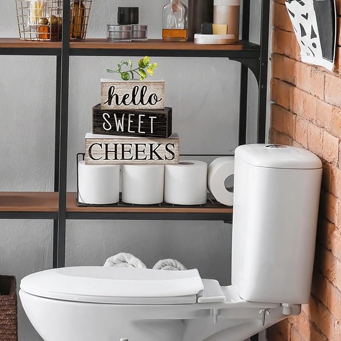 4 Pcs Bathroom Shelf Decor Hello Sweet Cheeks Sign Farmhouse Bathroom Decor and Accessories Rustic Eucalyptus Leaves Wood Block Sign Gift Sweet Home Table Centerpiece for Home Office