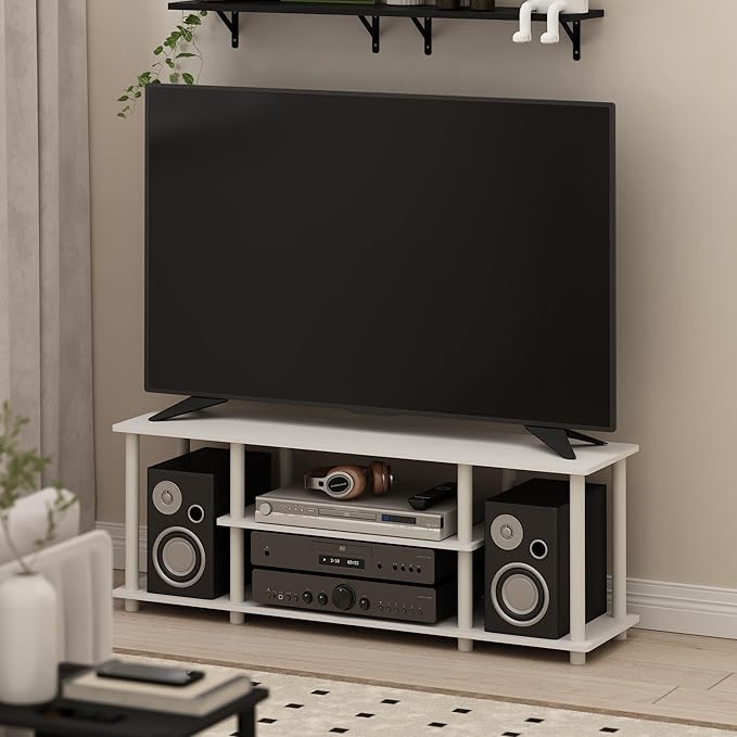 Furinno Turn-N-Tube TV Stand, 3-Tier No Tools 3D Entertainment Center, TV Console for TV up to 50 Inch, for Living Room, Bedroom, White