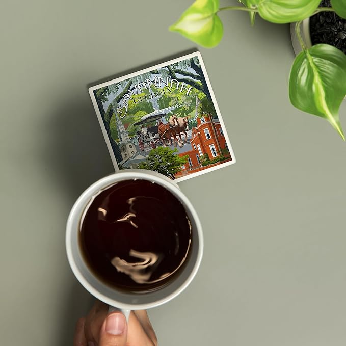 Lantern Press Savannah, Georgia, Town Views (Absorbent Ceramic Coaster, Single, Cork Back, Kitchen Table Decor)