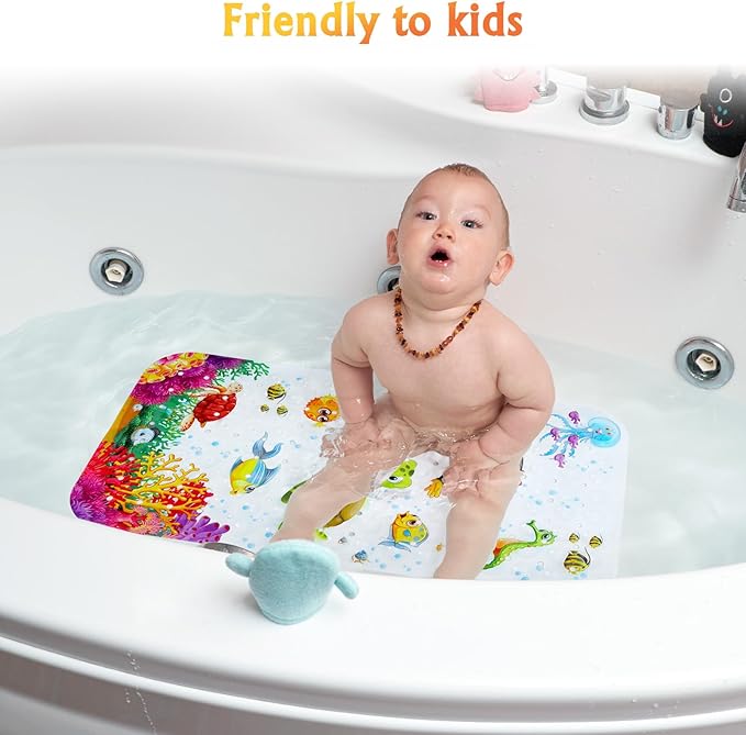 Bath Mat for Tub Non Slip, Machine Washable Anti Slip Cartoon Baby Bathtub Shower Mat with Drain Holes and Suction Cups for Toddler & Kids, 27.5 Inch x 15 Inch-Rectangular, Turtle