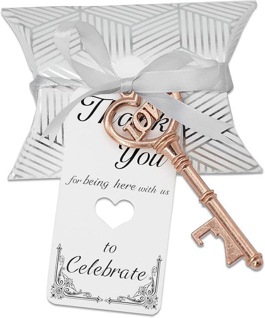 Aokbean 50 pcs Vintage Skeleton LOVE Key Bottle Openers Pillow Candy Box Escort Thank You Tag French Ribbon Wedding Souvenir Gift for Guest (Rose Gold)