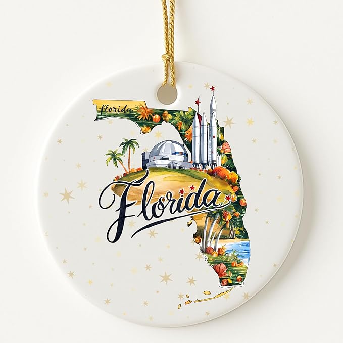 USA State Landmark Ceramic Ornament – Round Glossy Christmas Decoration Featuring U.S. State Art, Landmarks & Holiday Scenery – Collectible Travel Souvenir Ornament Series (Florida)