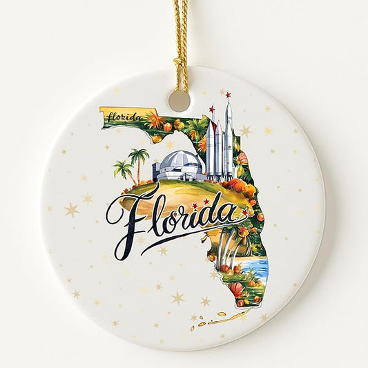 USA State Landmark Ceramic Ornament – Round Glossy Christmas Decoration Featuring U.S. State Art, Landmarks & Holiday Scenery – Collectible Travel Souvenir Ornament Series (Florida)