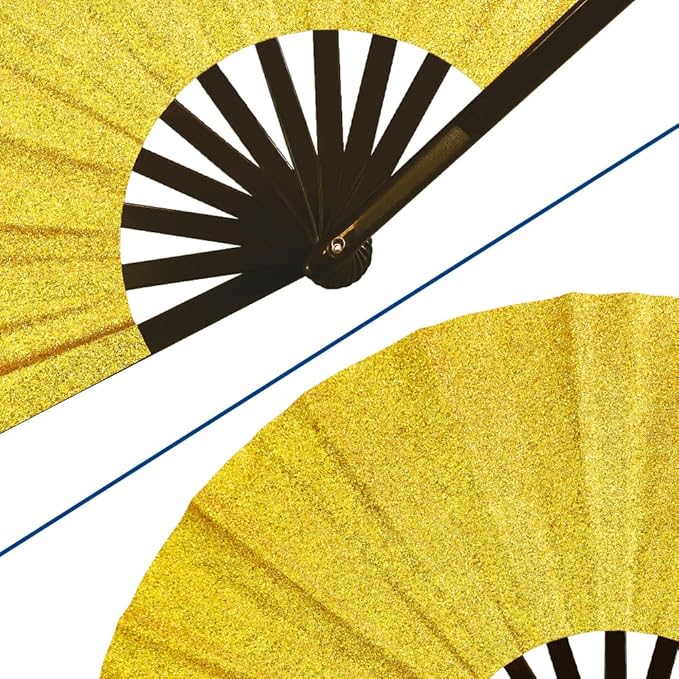 Large Gold Glitter Hand Fan - For Parties, Events, Raves, Indoor, Outdoor Use - 25" Wide Foldable Hand Fan