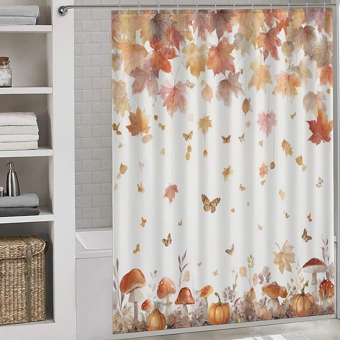 Fall Pumpkin Shower Curtain Autumn Maple Leaves Thanksgiving Harvest Waterproof Washable Fabric Bathroom Shower Curtains for Bathroom Decorations Home Indoor Decor 64x72Inch