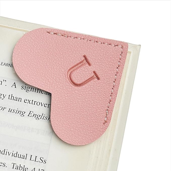Moteerllu Personalized Leather Heart Bookmark with Initial, Cute Letters Custom Corner Bookmark for Reading Women, Teachers, Students, Book Lovers Gifts, Book Accessories (Pink, U)