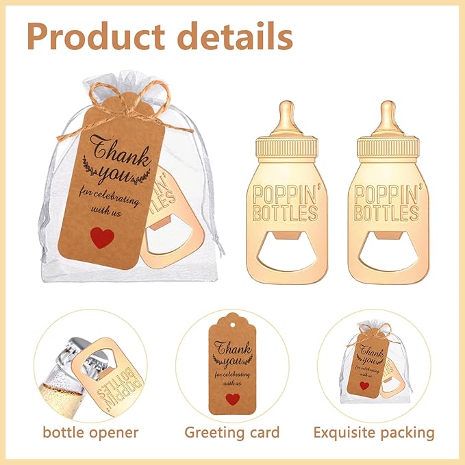 50Pcs Popping Bottle Openers Baby Shower Party Favors For Guests Baby Shower Return Favors Baby Bottle Shaped Bottle Opener Baby Shower Souvenirs With Organza Bags Thank You Cards, small, Gold