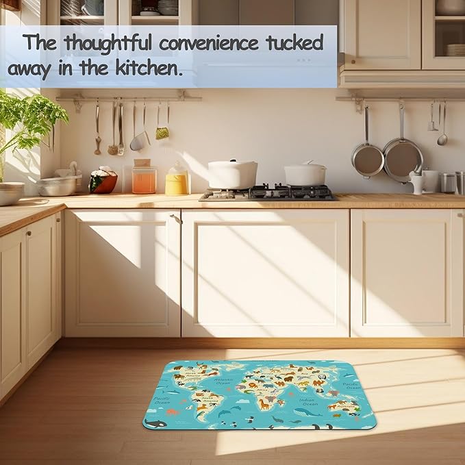 World Map with Animals AST Drying Absorbent Bathroom Mat, Non-Slip Rubber Backing Thin Low-Profile Bath Rug, Easy-Clean Bathroom Floor Mat for Shower, Bathtub, Kitchen, or Entryway