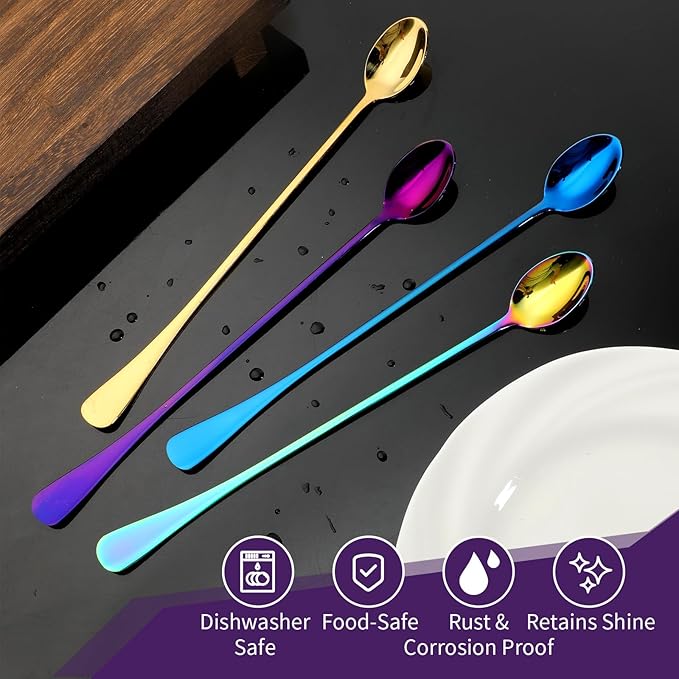 Long Handle Spoon 9.5-Inch Long Handle Ice Tea Spoons 4PCS Stainless Steel Iced Teaspoon for Mixing Tea, Coffee, Milkshake, Cold Drink Iced Teaspoons Long Coffee Spoons