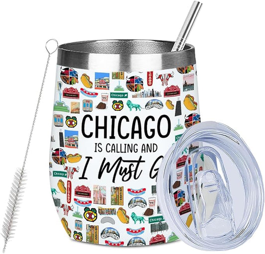 Chicago Gifts Travel Souvenir Wine Tumbler 12 oz Insulated Wine Glass Cup with Lid Straw Vacuum Insulated Cup,Travel Lover Gifts for Women Men Friend Bestie Birthday Christmas Halloween