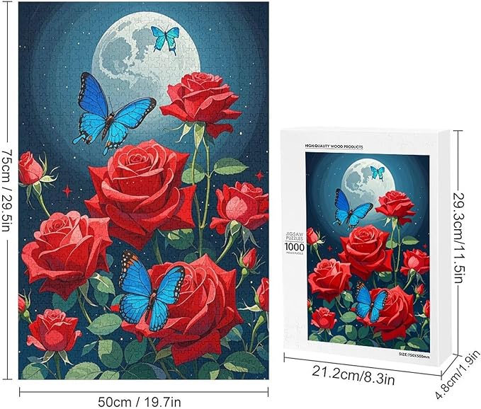 Jigsaw Puzzles for Adults 1000 Piece - Butterfly Red Rose Garden Wooden Puzzles, Unique Gifts for Wall Art，Family Puzzles，Educational Games，Challenge Puzzles
