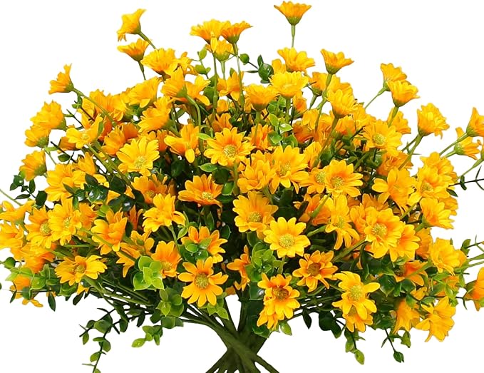 alyptus Fake Flowers Yellow Flowers for Spring Summer Decor - 8 Bundles Outdoor Christmas Flowers UV Resistant Artificial Flower for Home Garden Window Decor