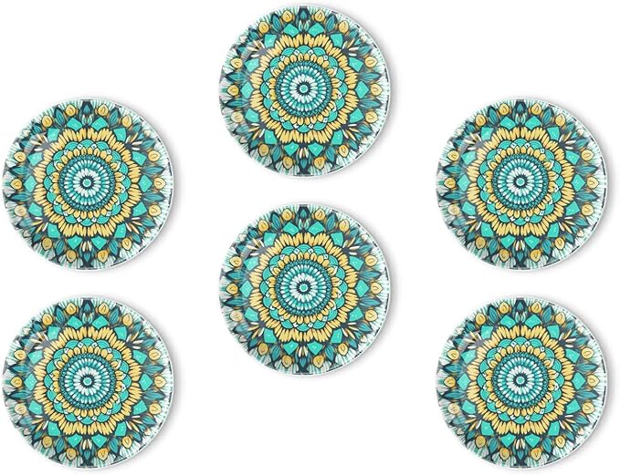 Fridge Magnets 6 Pcs Intricate Mandala Designs in Turquoise with Yellow and Black Colors Round Strong Magnetic Glass Small Refrigerator Magnet,Home Decoration for Whiteboards,Classrooms,Cabinet